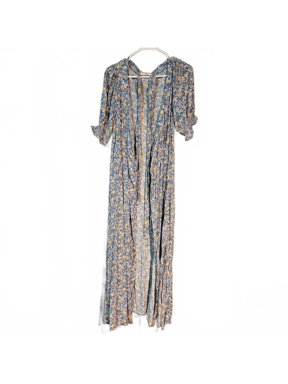 Natural Life Women's Medium Blue Floral Maxi Wrap Dress Long Sleeve Boho Cottage
